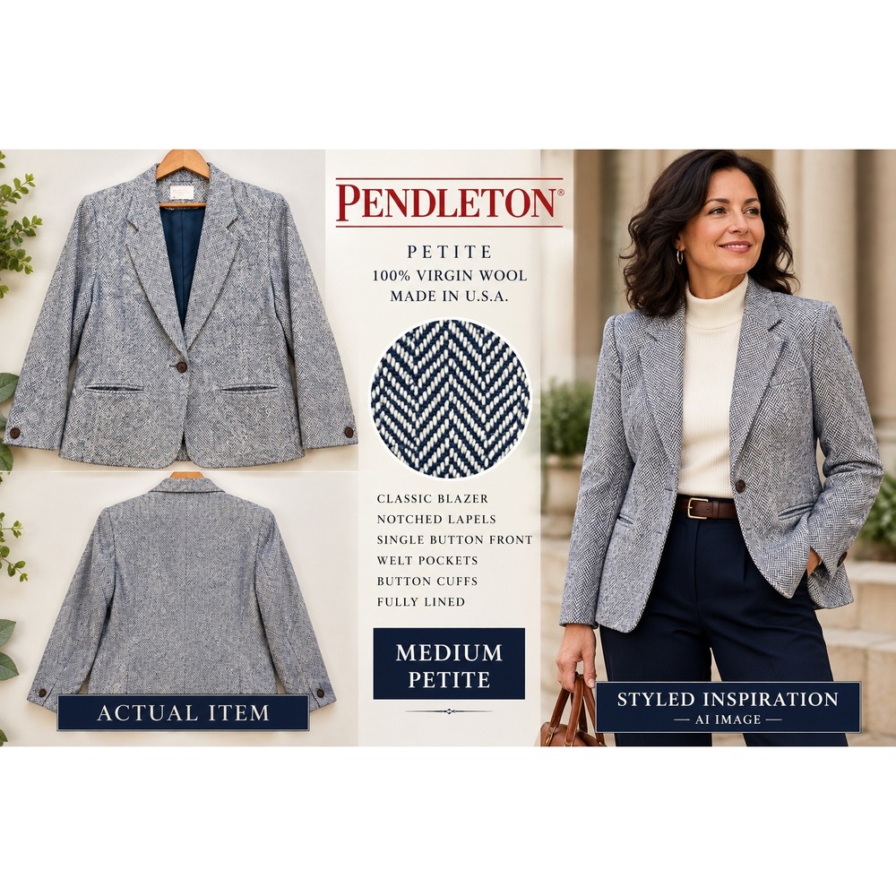 Pendleton Blazer Women Wool Herringbone Blue MP Excellent Dark Academia